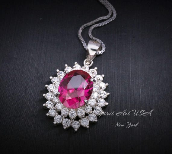 Large Double Gemstone Circle Halo  Ruby Necklace Sterling Silver White Gold plated Ruby Jewelry #541