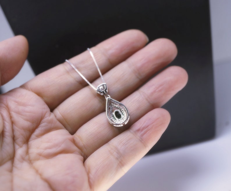 Double Halo Green Pear Emerald Pendant Royal Sterling Silver Crown bail Tiny Emerald Jewelry Delicate Teardrop Emerald Necklace