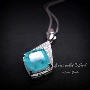 Rhombic Style Large Paraiba Necklace -  Sterling Silver 18KGP - Gemstone Cushion Cut Paraiba Tourmaline Pendant -  blue gemstone #397