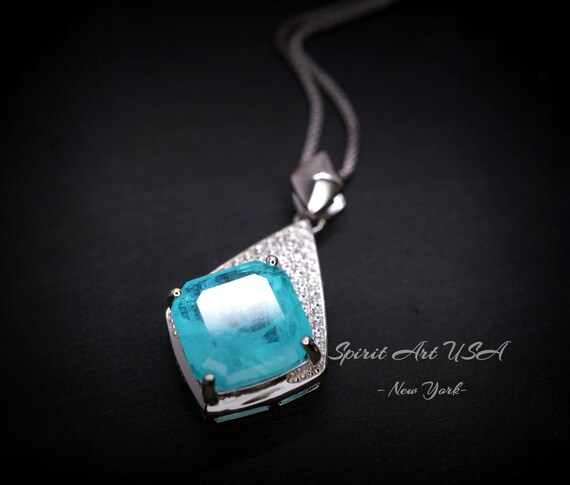 Rhombic Style Large Paraiba Necklace -  Sterling Silver 18KGP - Gemstone Cushion Cut Paraiba Tourmaline Pendant -  blue gemstone #397
