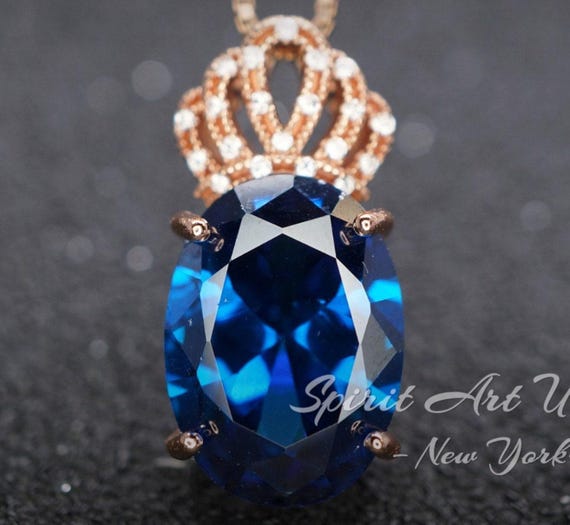 18K Rose Gold Coated Sapphire Necklace -  Large Gemstone Crown Sterling Silver - 5 CT Oval Cut Lab Created  Blue Sapphire Pendant #829