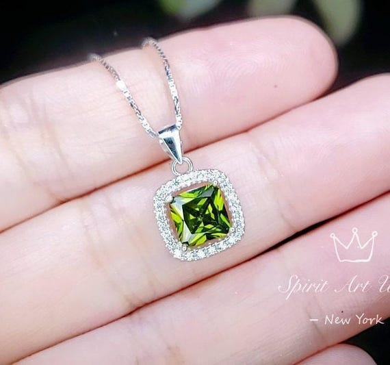 Super Tiny Peridot Necklace - Sterling Silver Square Created Green Peridot Pendant - August Birthstone 016