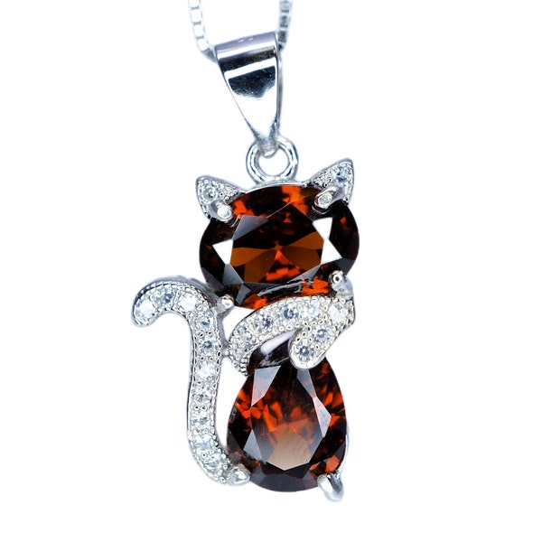 Spessartite Garnet Necklace - 18KGP @ Sterling Silver -  Gemstone Kitty Cat Pendant - Pet lover gift -  Kitten   Garnet Jewelry #212