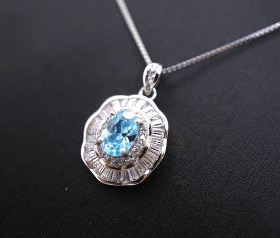 Dainty Blue Aquamarine Necklace - Sterling Silver Lotus Leaf Style - Tiny  Aquamarine Pendant #503