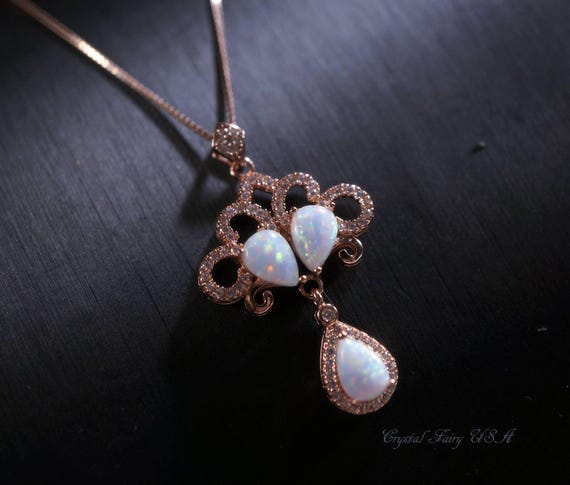 Rose Gold Opal Necklace - Fire White Opal Tassel Necklace - Wedding Bridal  Pendant, Phoenix Jewelry Synthetic Fire Opal Flower #532