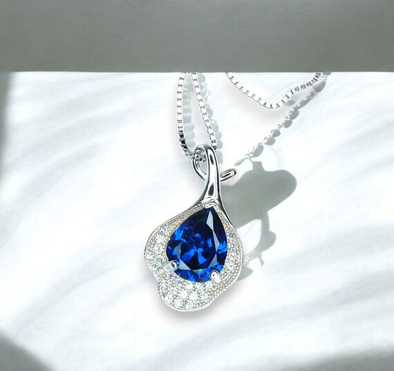 Blue Sapphire Petal Necklace Sterling Silver White Gold Plated - 2.5 CT Teardrop Blue Sapphire Pendant - Gemstone Petal Flower Jewelry #486