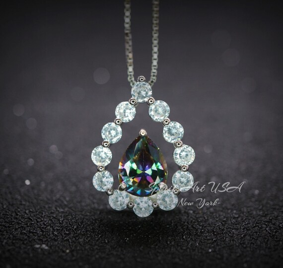 Mystic Topaz Necklace - 18kgp Sterling Silver - Gemstone Halo - Teardrop Rainbow Mystic Topaz Pendant  - Pear Cut 2.6 CT #399