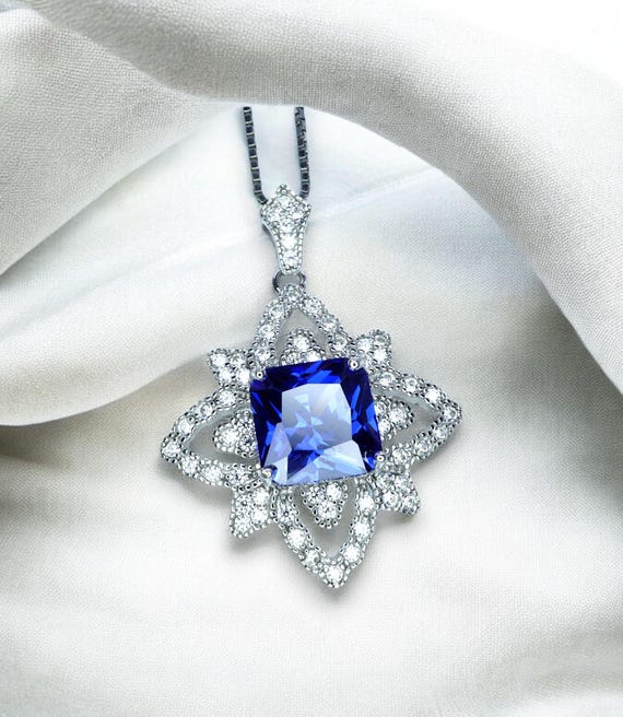 Square Blue Tanzanite Necklace - Gemstone Medal of Honor Flower Sterling Silver Star Celestial Jewelry    #513