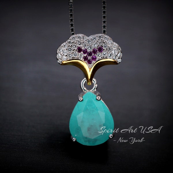 Paraiba Tourmaline Necklace - Ginkgo biloba Pendant - 18KGP Sterling Silver Large Teardrop  3.5 CT Paraiba Pendant Diamond Leaf Jewelry #685