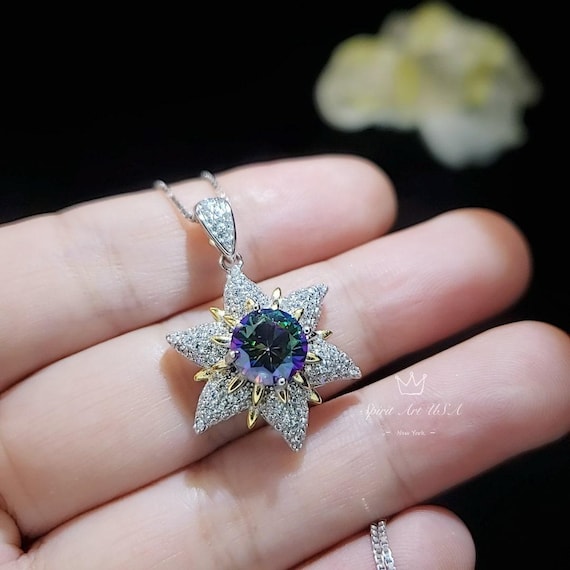 Gemstone Star Mystic Topaz Necklace - 18KGP Sterling Silver -  6 Point Star Pendant - 2CT Hexagram Art Deco Rainbow  Topaz Jewelry #816