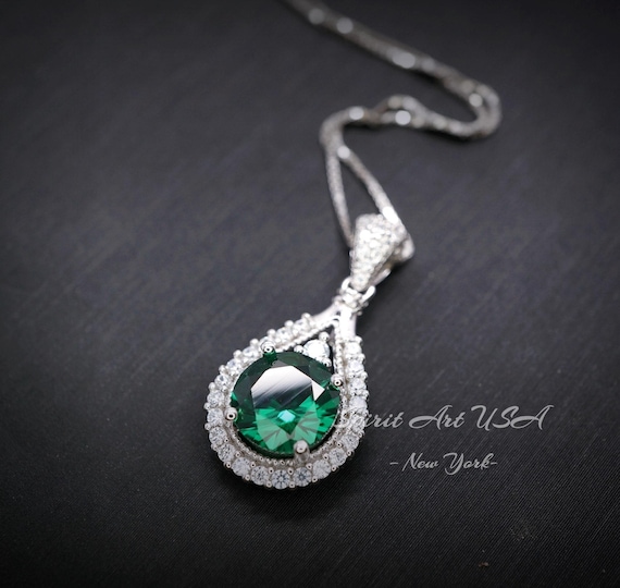 8mm Round Emerald Necklace - 18KGP @ Sterling Silver Teardrop Green Emerald Pendant -  May Birthstone #334