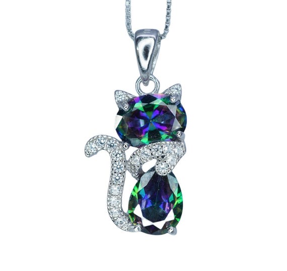 Cat Rainbow Mystic Topaz Necklace - Gemstone Cat Kitty Pendant - White Gold Coated Sterling Silver Pets Lover Jewelry #214