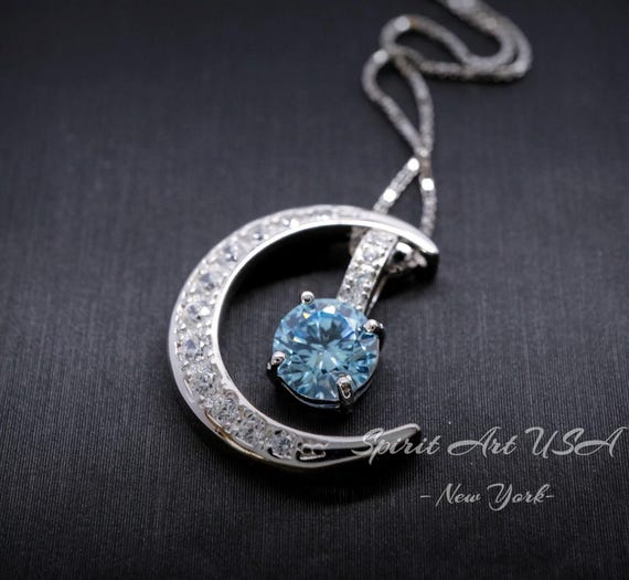 Tiny Aquamarine Gemstone Moon Necklace Sterling Silver Crescent Blue Aquamarine Pendant  March Birthstone Double Pendant Jewelry #224