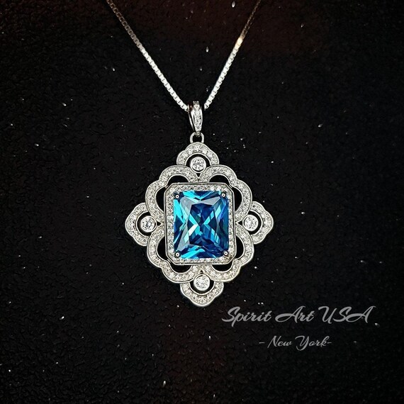 Large Blue Topaz Necklace -  Faceted Rectangle 5 CT Swiss Blue Topaz Pendant - Gemstone Flower of Prosperity - 18kGP Sterling Silver #893
