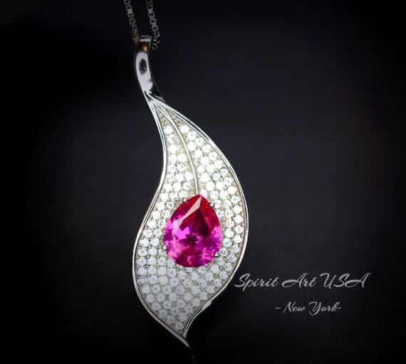 Pink Topaz Leaf Necklace - Fuchsia  Pink Topaz Pendant - 18KGP White Gold coated Full Sterling Silver - 3 CT Teardrop Style #906