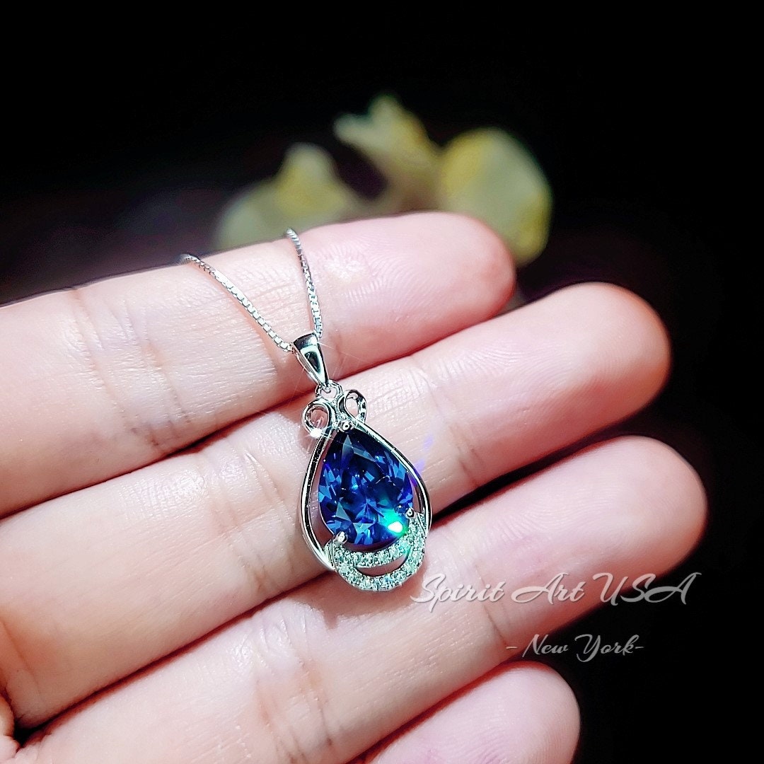Blue Sapphire Necklace Teardrop Diamond White Gold Blue 2.8 CT Etsy