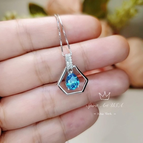 Geometric Blue Topaz Necklace - Sterling Silver Hexagon  Teardrop - Blue Topaz Pendant Tiny Minimalist Dynamic stone Jewelry 18KGP 060