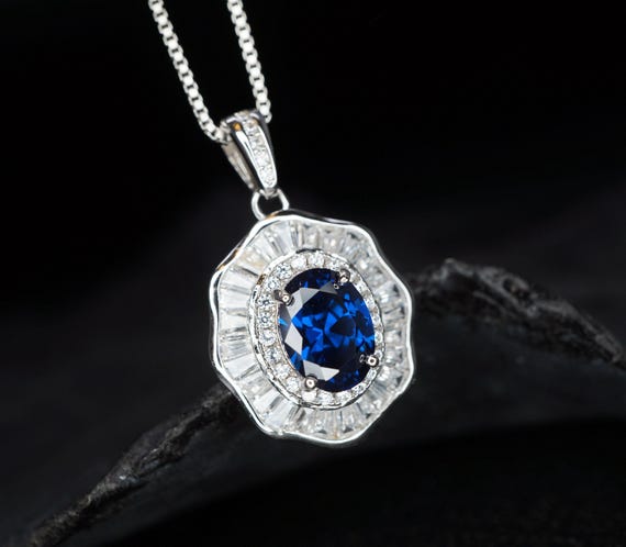 Blue Sapphire Necklace - Gemstone Lotus Leaf  Pendant - 18KGP @ Sterling Silver - September Birthstone - Waterlily jewelry #601