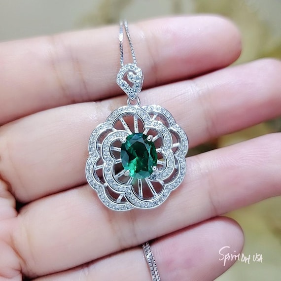 Large Gemstone Peony Emerald Necklace 2.1 CT Oval Cut Emerald  Pendant 18KGP @ Sterling Silver #562