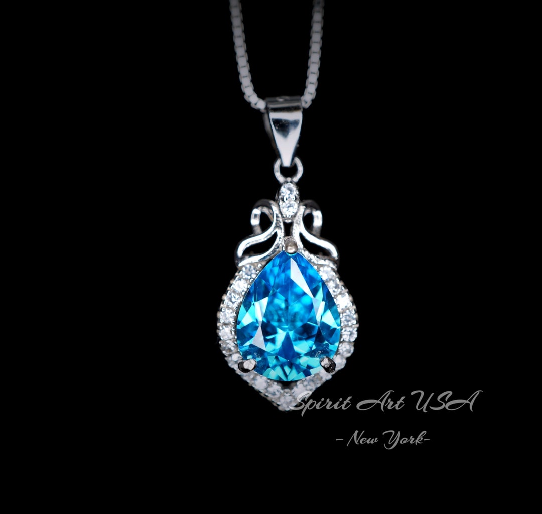 Blue Topaz Necklace Sterling Silver Halo Teardrop Topaz Pendant Dainty Pear Cut Blue Topaz