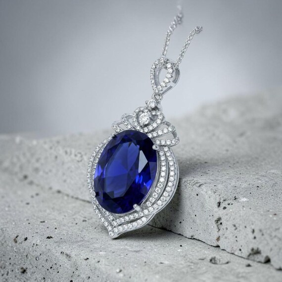 Large Tanzanite Sterling Silver Necklace 14 ct Oval fine Cut Blue Tanzanite Pendant - Crown Pendant 18k White Gold Coated Jewelry #916