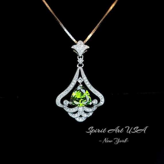 Mandolin flower Green Peridot Necklace - 1.2 ct Trillion Cut Green Peridot Pendant -  White Gold coated Sterling Silver Gemstone Design #756
