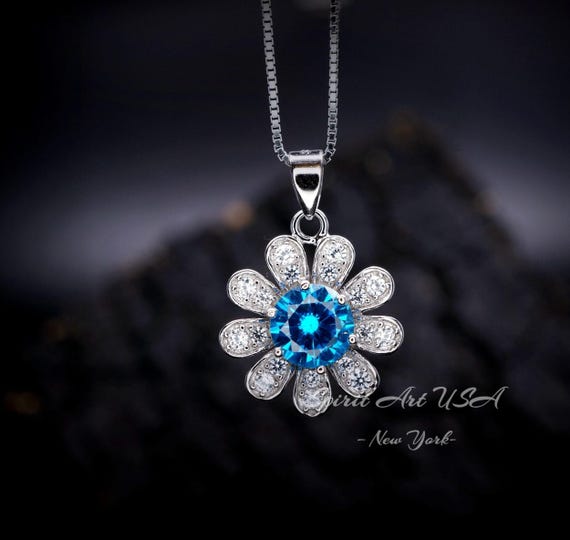 Blue Topaz Necklace -  Blue Topaz Pendant -  Sunflower Necklace - 18KGP Sterling Silver 047
