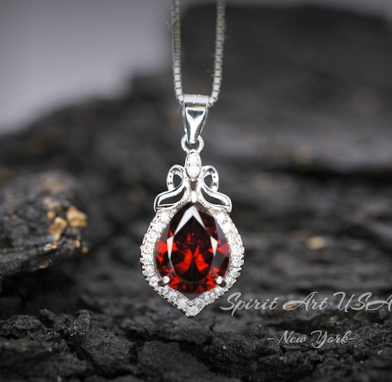 Garnet Necklace - 18KGP @ Sterling Silver - Dainty Garnet Pendant - January Birthstone - Pear Cut Garnet Jewelry