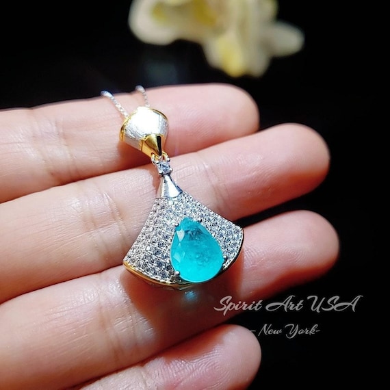 Brilliant Blue Paraiba Tourmaline Necklace - 18KGP Sterling Silver -  Gemstone Drop Synthetic Blue Paraiba Gemstone Jewelry #753