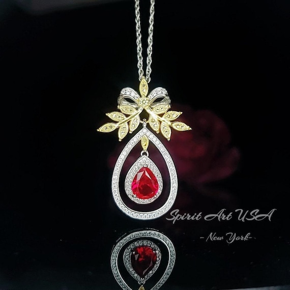 Teardrop Ruby Necklace - the Tree Of Life Pendant - 18KGP @ Sterling Silver -  olive branch - 2.5 Ct  Pear Cut Ruby Pendant #855