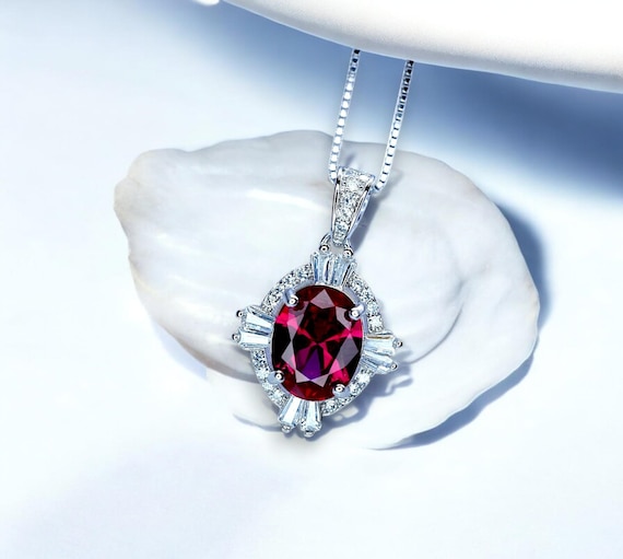 Sterling Silver Red Ruby Necklace, High Quality  Ruby Halo Solitaire July Birthstone Red Gemstone Pendant White Gold plated #134