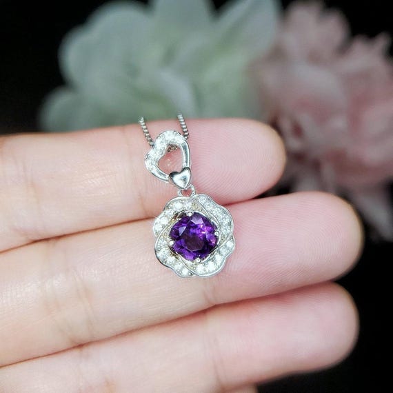 Genuine Amethyst Necklace - Natural Purple Amethyst Pendant 18KGP @ Sterling Silver - February Birthstone - Diamond Rose flower Jewelry #417