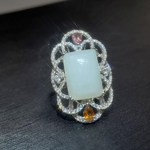 Genuine White Jade Ring Sterling Silver Adjustable Jade Jewelry 1075