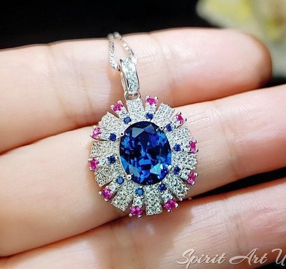 Blue Sapphire Necklace Source Light Style  18KGP @ Sterling Silver - 3 CT Blue Sapphire Pendant -  Radiant Blue Sapphire Jewelry #898