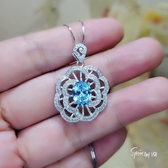 Large Peony Aquamarine Necklace - Full Sterling Silver  2.1 CT Blue Aquamarine Pendant  - White Gold plated Gemstone Flower Jewelry #553