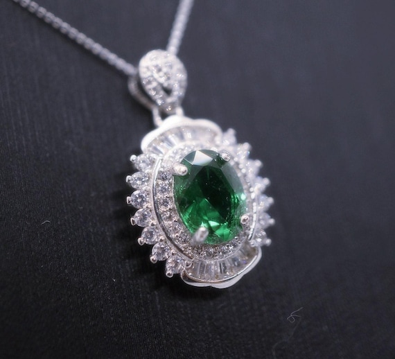 High Quality Emerald Necklace - 18KGP @ Sterling Silver -  Halo May birthstone - Green Emerald Jewelry #365