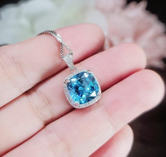 Topaz Necklace -  Sterling Silver Cushion Square Large 6 CT Blue Topaz Jewelry #542