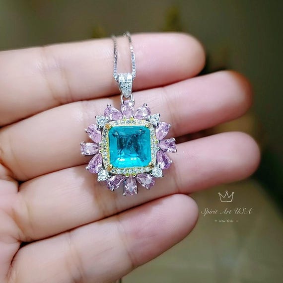Large Square Paraiba Necklace Pink Topaz Sim Gemstone Pendant White Gold coated Sterling Silver  Blue Paraiba Pendant Jewelry #814