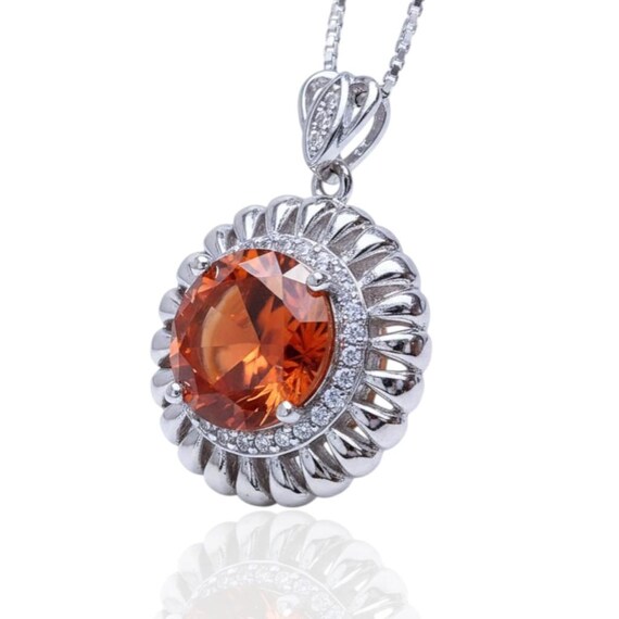 Tangerine Sapphire Sunstone Necklace - 18KGP Sunflower Pendant Full Sterling Silver Sunstone Jewelry Orange Spessartite Garnet Necklace #506