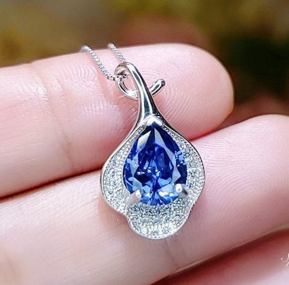 Tanzanite Necklace -  18KGP Sterling Silver Petal Jewelry - Solitaire Teardrop Genuine Lab Created Tanzanite Jewelry #426