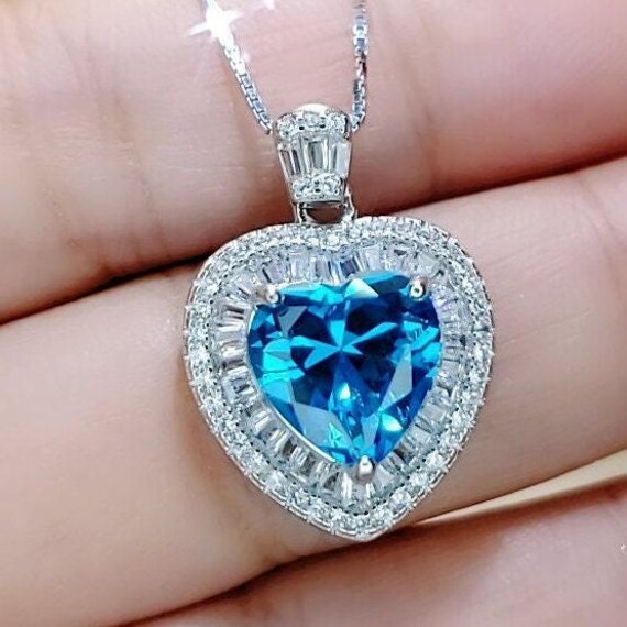 Blue Topaz Heart Necklace White Gold Coated Sterling Silver  Gemstone Heart Pendant Blue Topaz Jewelry  #950