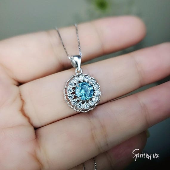 Tiny Aquamarine Necklace - Sterling Silver Sunflower Aquamarine Pendant - Halo Blue Gemstone March Birthstone Aquamarine Jewelry 1104