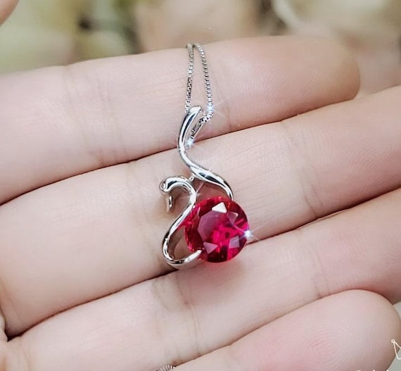 Swan Ruby Necklace Sterling Silver 18KGP Ruby Pendant July Birthstone - Sterling Silver Swan Jewelry - Solitaire Ruby  chain #280