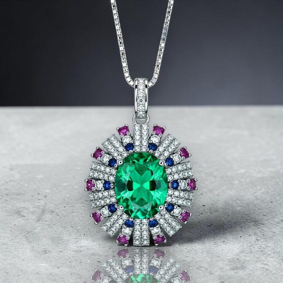 Green Emerald Necklace - Source Light Jewelry - 18KGP @Sterling Silver -  Radiant Exclusive Store Design 2.8 CT - Emerald Pendant #870