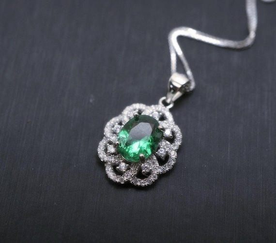 Emerald Necklace - 925 Sterling Silver Flower Green Emerald Pendant -  Sim Gemstone Pendant - May Birthstone #240