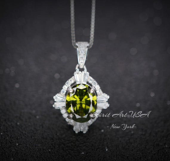 Peridot Necklace - Oval Cut - Sterling Silver Green Peridot Pendant -  2 CT White Gold Plated Gemstone Style 095