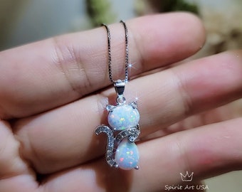 Cat Opal necklace - Gemstone Kitty Cat Opal Pendant 18KGP @ Sterling Silver -  Pet Cat lover gift  Kitten Jewelry #210