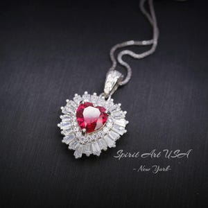 Double Halo Ruby Necklace -  Red Ruby Heart Pendant - 18KGP @ Sterling Silver - Dainty  Ruby Pendant -  July Birthstone #268