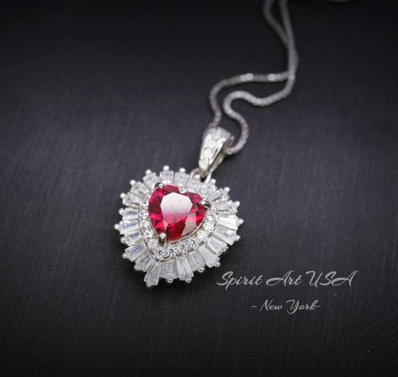 Double Halo Ruby Necklace -  Red Ruby Heart Pendant - 18KGP @ Sterling Silver - Dainty  Ruby Pendant -  July Birthstone #268