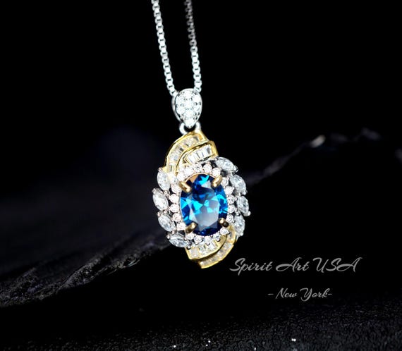 Blue Sapphire Necklace Spiral of Life Pendant - 2 CT Blue Sapphire Pendant Spiritual Gemstone Flower Jewelry  Double Halo Swirl  18KGP #656